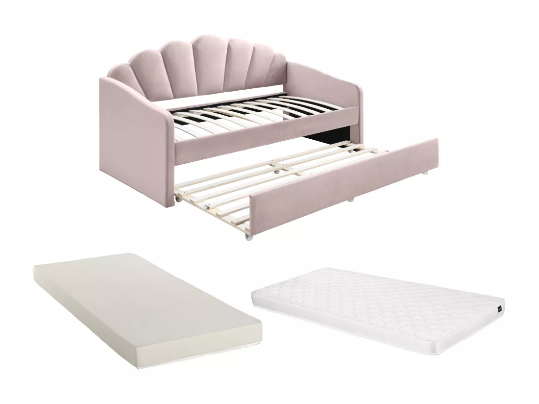 Lit gigogne coquillage 2 x 90 x 190 cm - Velours - Rose + Matelas - ELUSIA