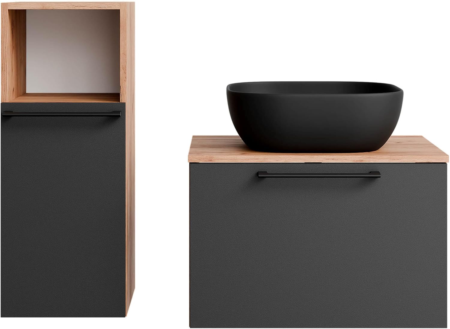 Planetmöbel Astra Badmöbel Set mit Waschtisch 60 cm mit 1x Midischrank Gold Eiche Anthrazit, Aufsatzwaschbecken 42 cm schwarz