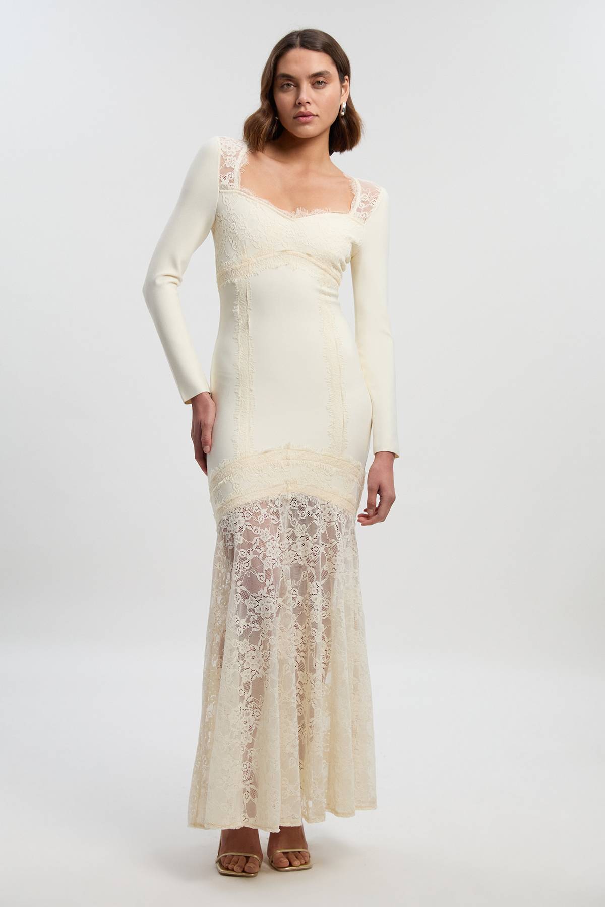 KarenMillen Robe Maxi Tricot Moulante à Bandage et Dentelle Mélangée