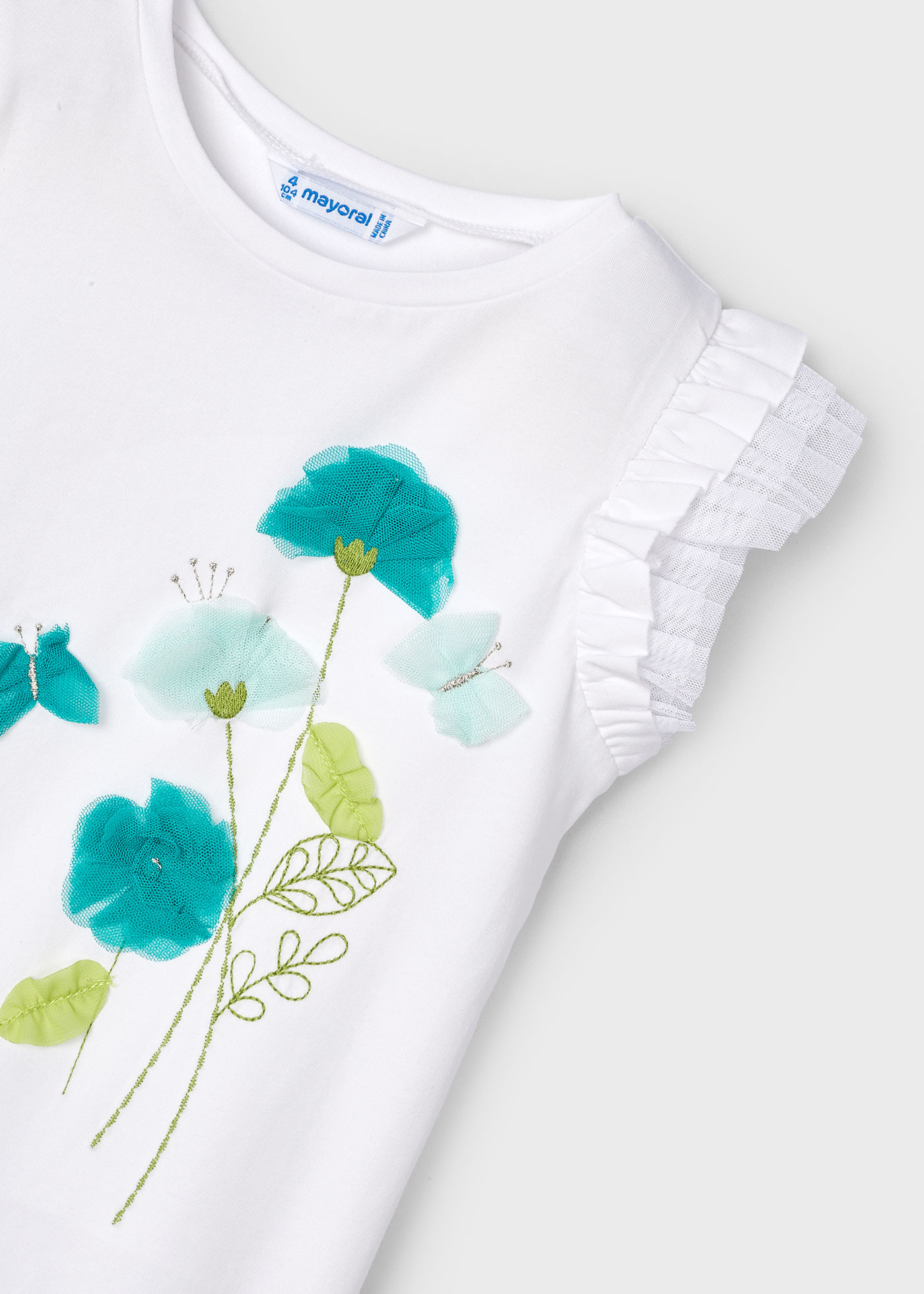 Camiseta feminina de tule floral, cor nude cru