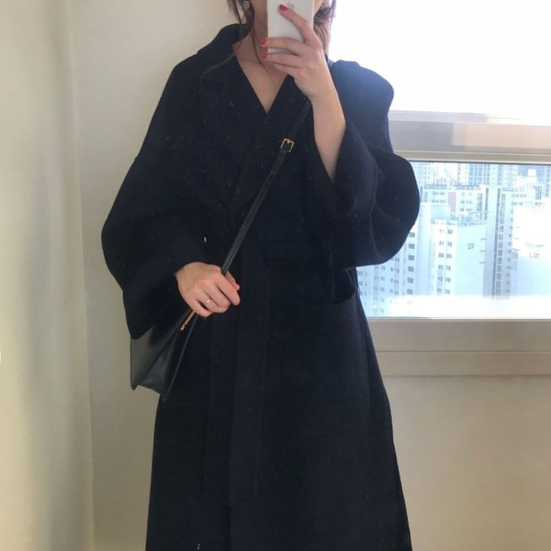 Coris - Notch Lapel Plain Midi Sashed Coat