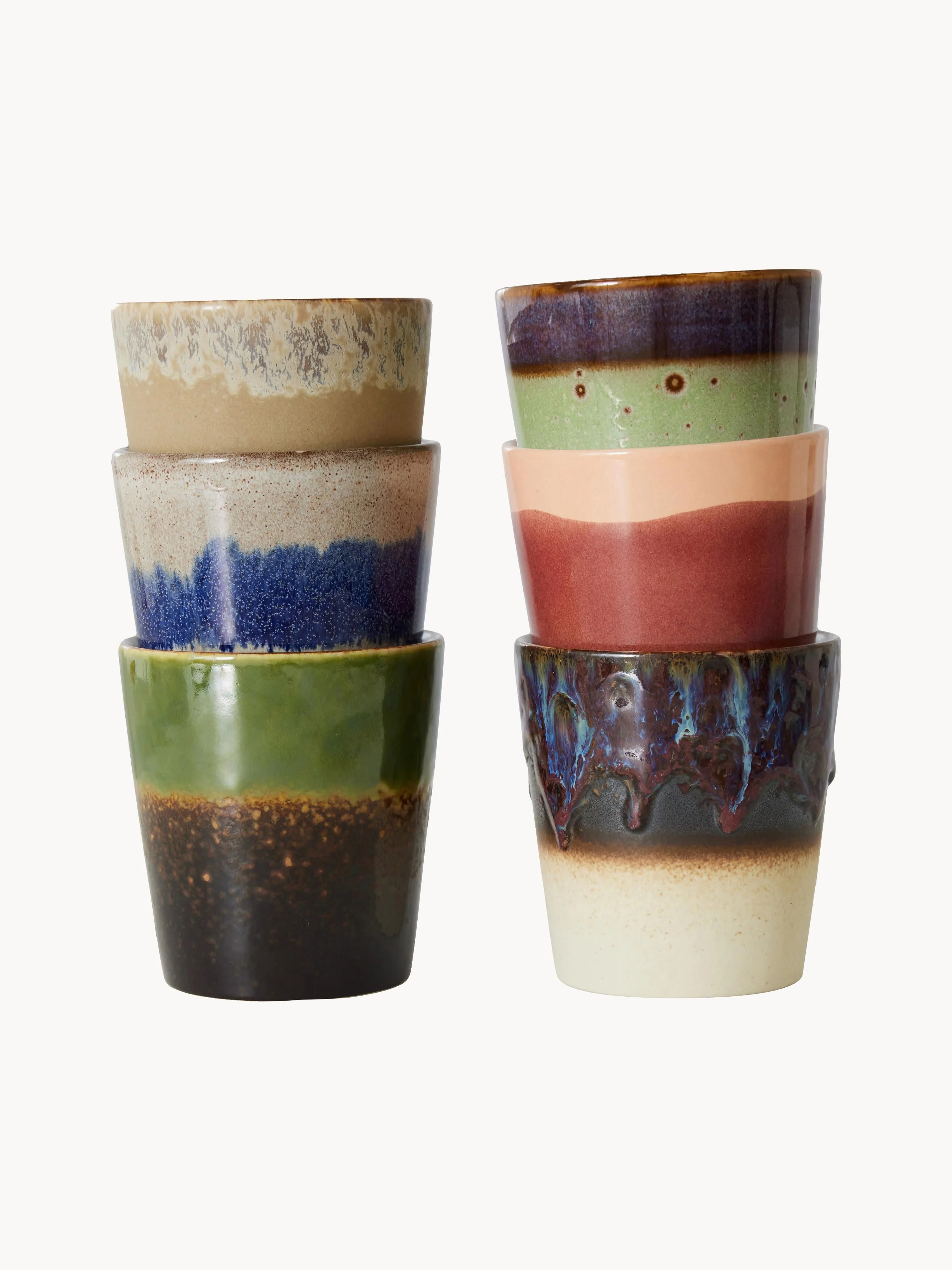 Handbeschilderde bekers 70's met reactief glazuur, set van 6