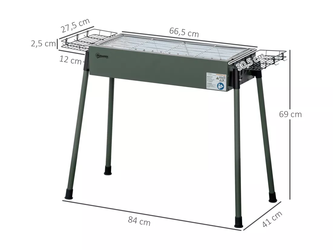 Barbecue à charbon portable - 2 grilles, 2 paniers latéraux - dim. 77L x 30l x 70H cm - acier émaillé vert