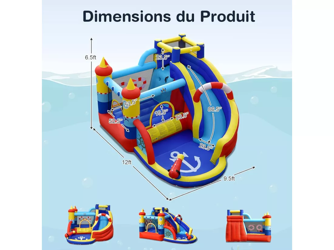Aquatique Gonflable 6 en 1 avec Toboggan Incurvé Piscine à Eclaboussures Jeu Cible et Canon à Eau pour Enfants 3-10 ans（sans Gonfleur)