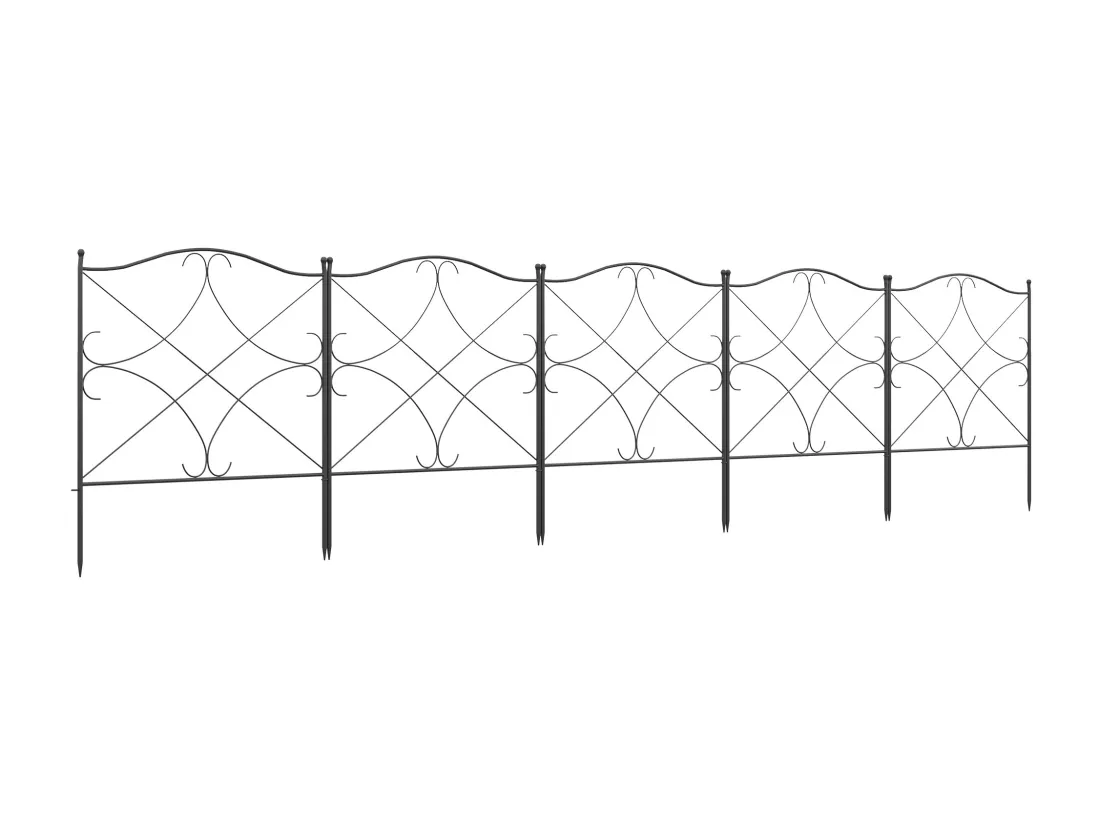 Lot de 5 clôtures de jardin décoratives en métal avec ornements - dim. totales 305L x 62H cm - noir