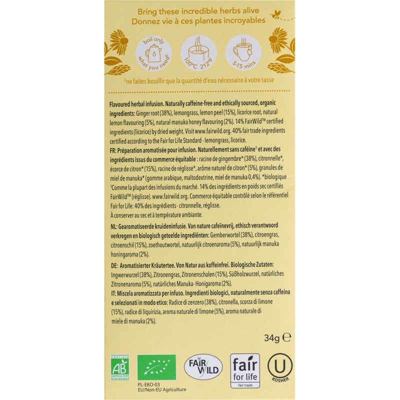 Infusion citron, gingembre et touche de miel de Manuka Bio Pukka - Boîte de 20 sachets