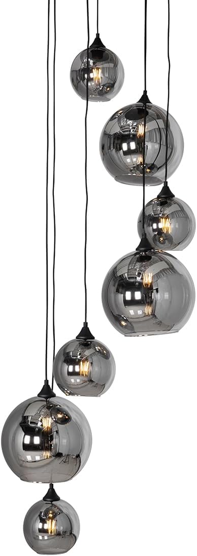 Qazqa - Art Deco Hängelampe I Pendellampe I Pendelleuchte schwarz mit Rauchglas rund 7-flammig - Sandra I Wohnzimmer - Länglich I Rund - LED geeignet E27