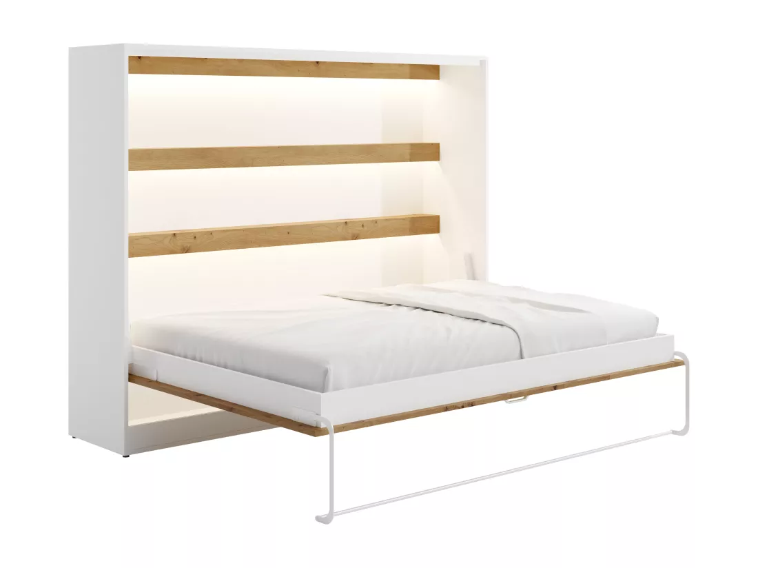 Lit escamotable 140 x 200 cm - Ouverture horizontale manuelle - Avec LEDs - Blanc et naturel - RAPILI
