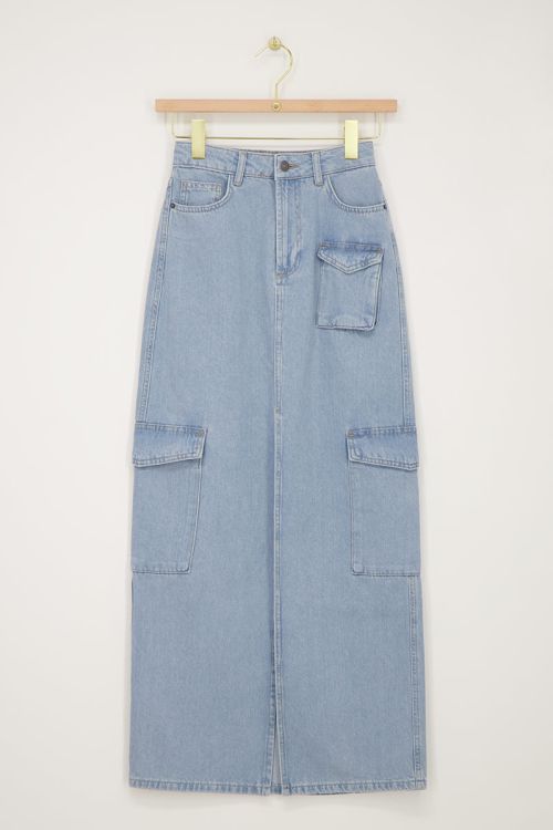 Blauwe cargo denim midi rok
