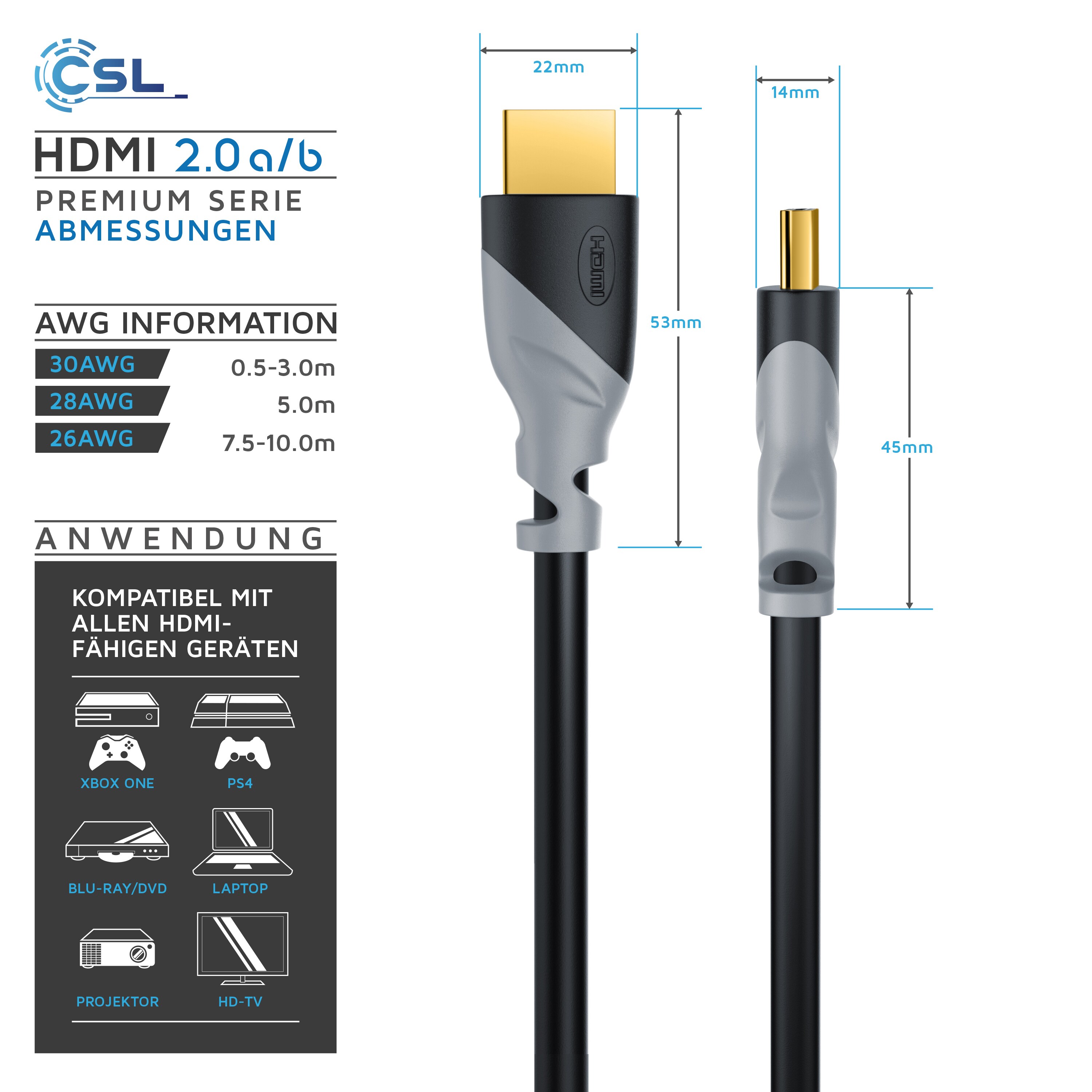 CSL 8k HDMI Kabel 2.1, 3fach geschirmt, Ultra HD, Full HD, 3D, High Speed mit Ethernet, HDMI Typ A - 7,5m