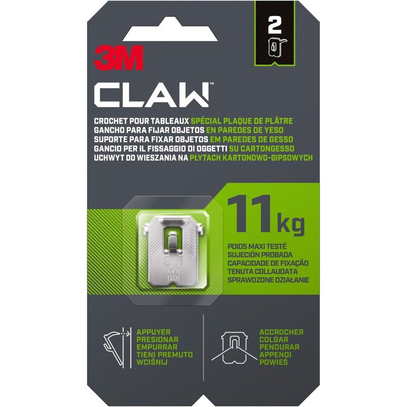 Crochet pour tableaux spécial plaque de plâtre 3M CLAW 11 kg - paquet de 2 crochets