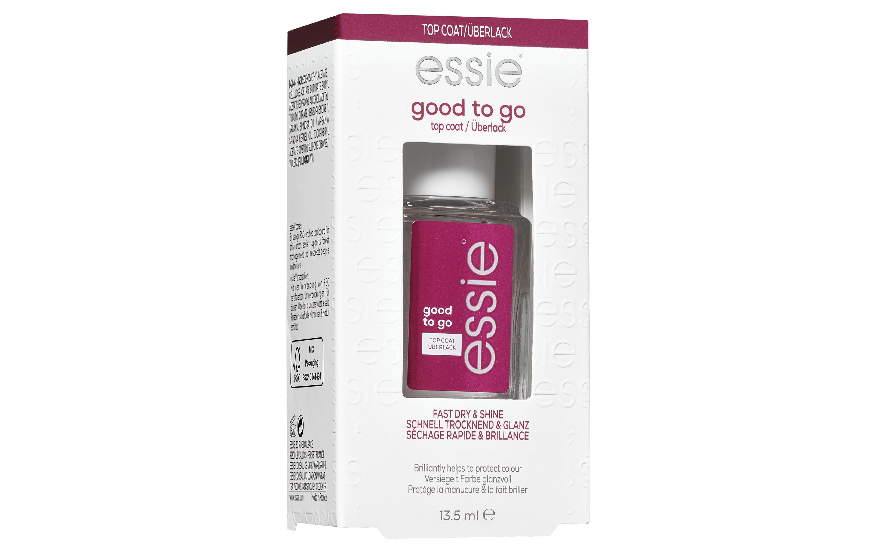 Topcoat Essie Überlack Good to Go TransparentSchnelles Trocknen und Glanz. Die schnell trocknende Formel des Überlacks versiegelt die Farbe und sorgt für ein glänzendes Finish.