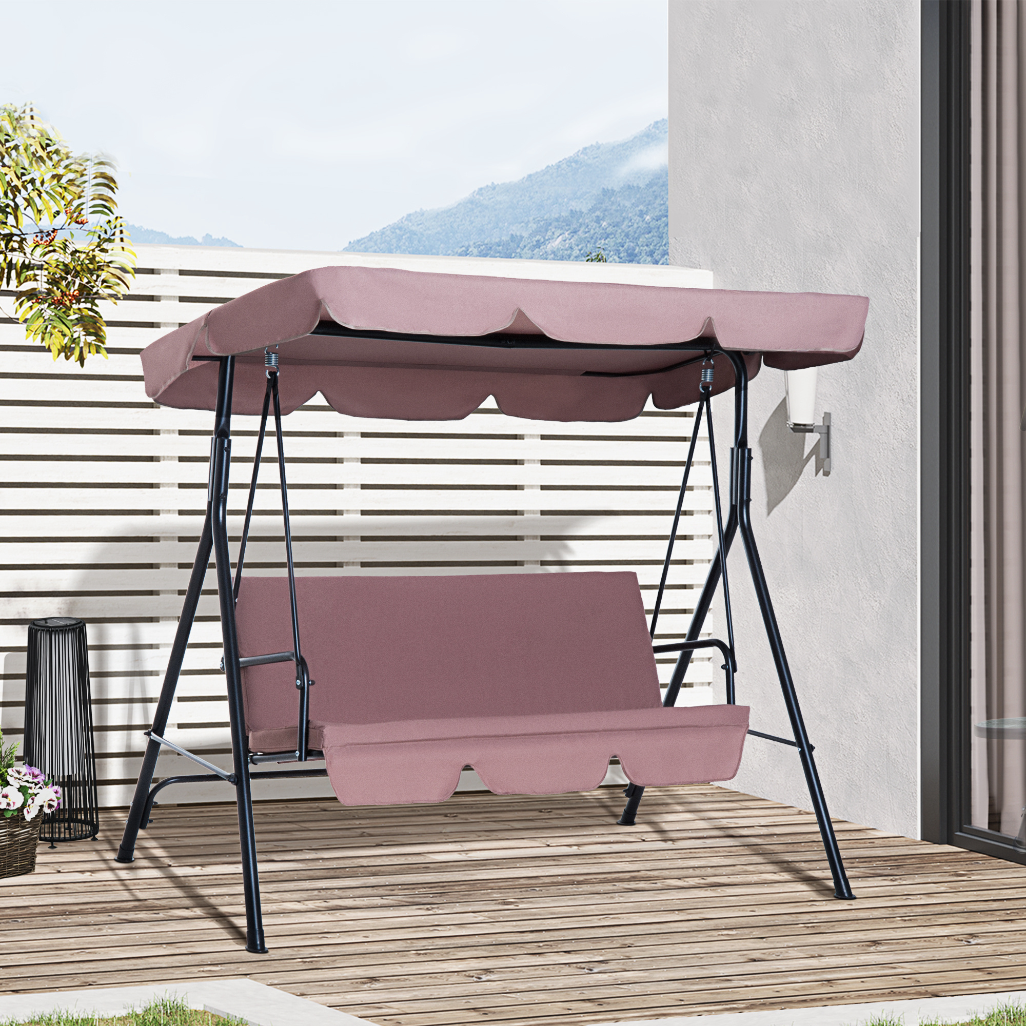 Balanço de jardim Outsunny de 3 lugares com cobertura, teto impermeável com ângulo ajustável para pátio externo, varanda, carga máxima de 200 kg, aço, 172 x 110 x 153 cm, marrom