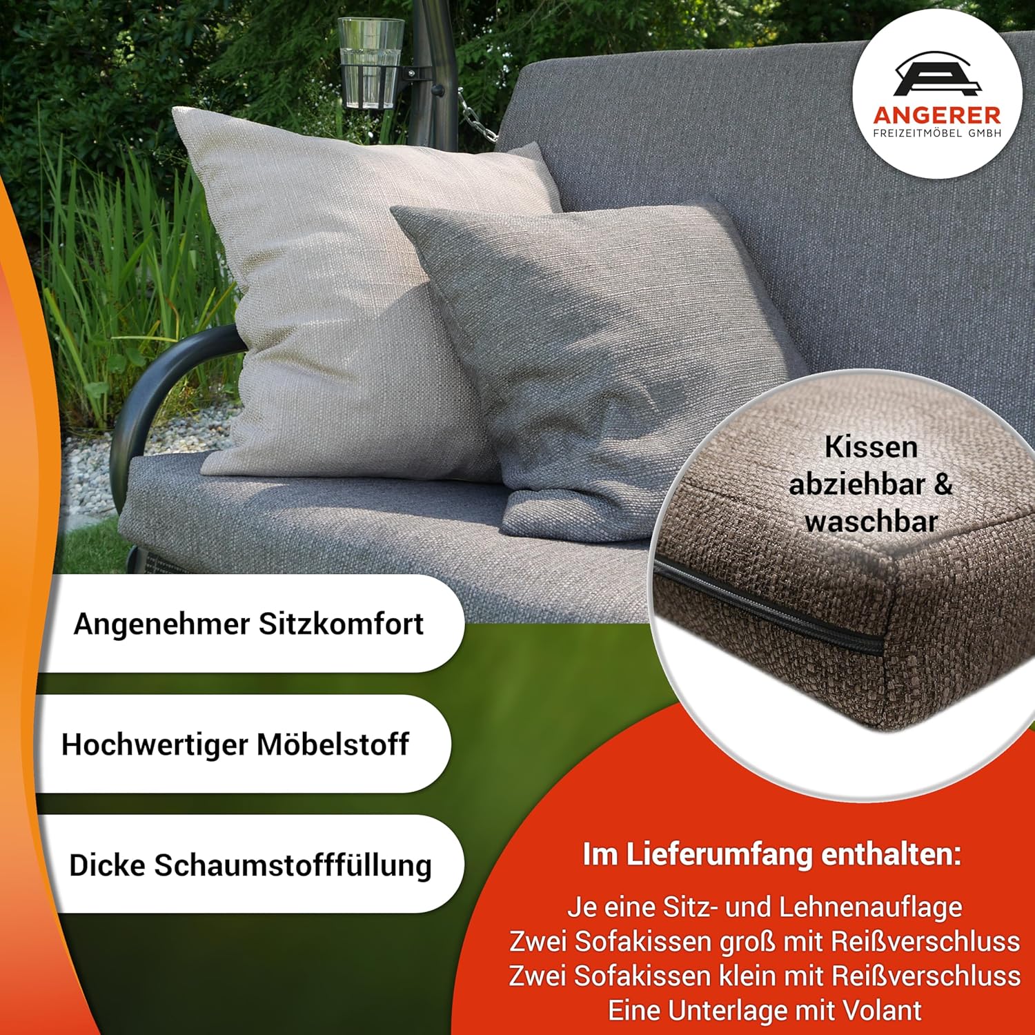 Angerer Hollywoodschaukel Drift Smart – Schaukel zum Sitzen, Liegen & Entspannen, inkl. Bett-Funktion, einfache Montage, Made in Germany, hochwertiger Stoff, Olive