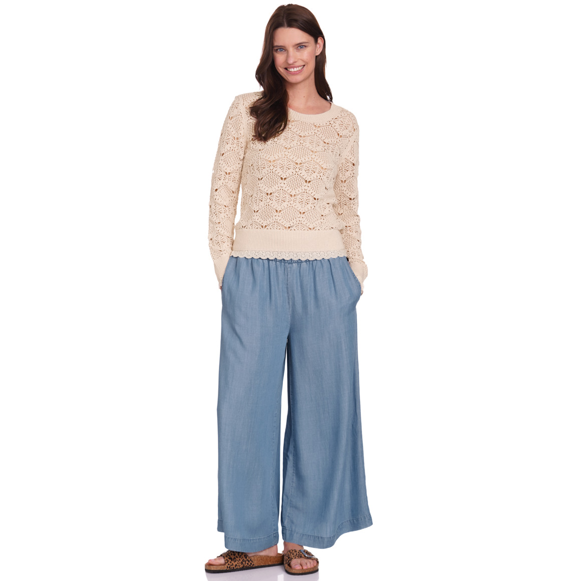 Gina Benotti Damen Strickpullover in Häkel-Optik beige