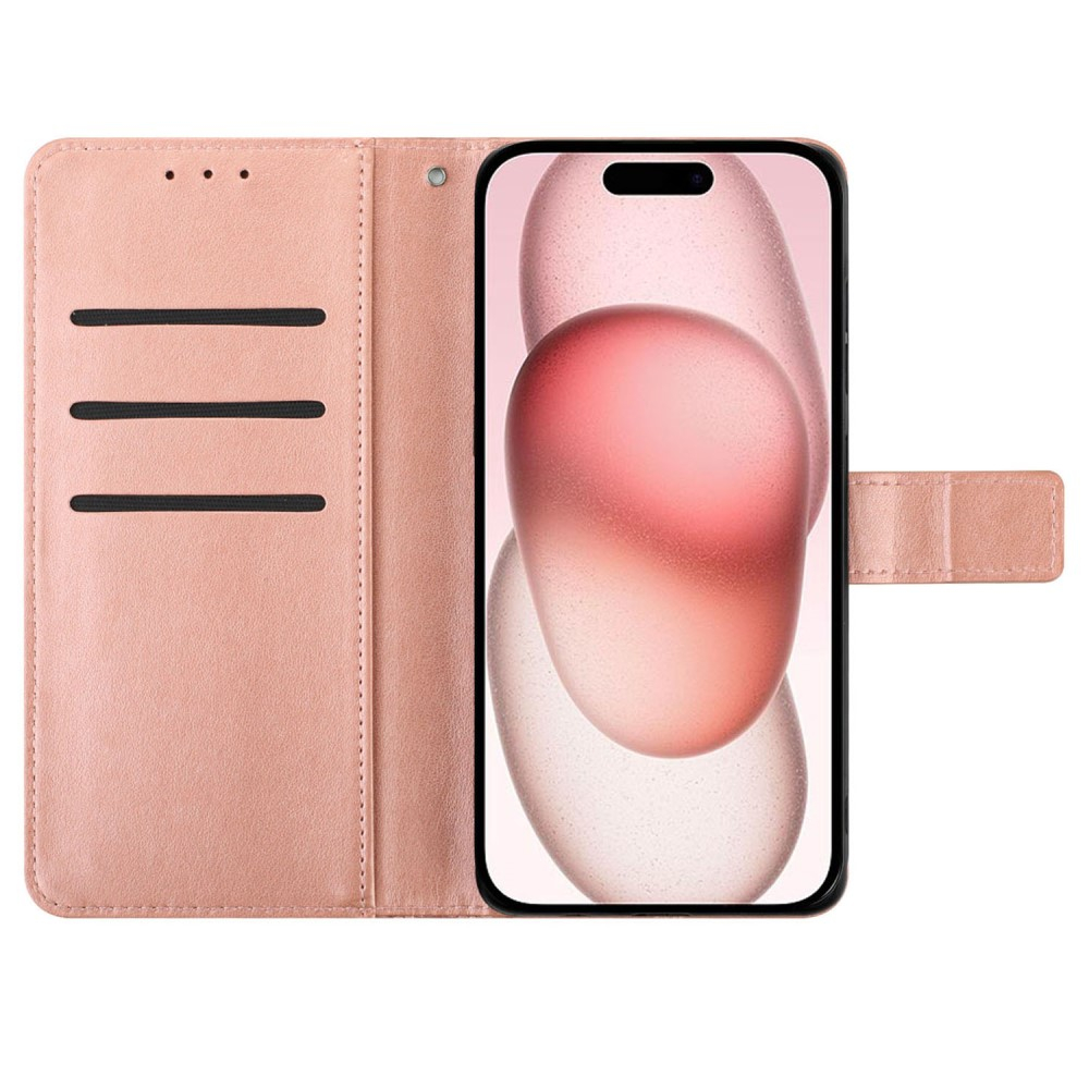 iPhone 16 Leder Tasche Wallet - Mandala Flowers Imprint - Roségold