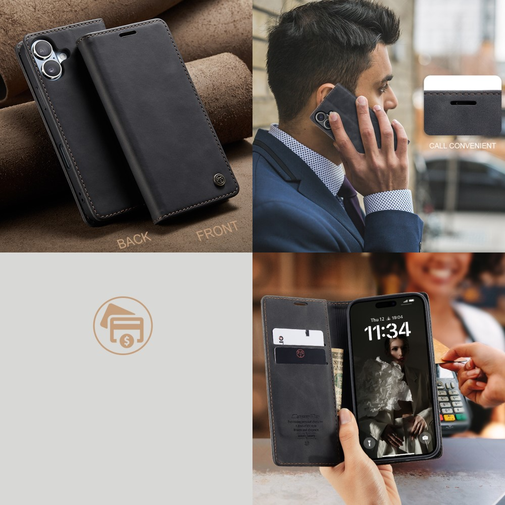 iPhone 16 Leder Tasche Flip Wallet Etui mit Kartenfächern - Schwarz