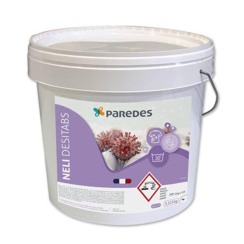 Tablette linge désinfectante Paredes Neli Desitabs seau de 125x25g