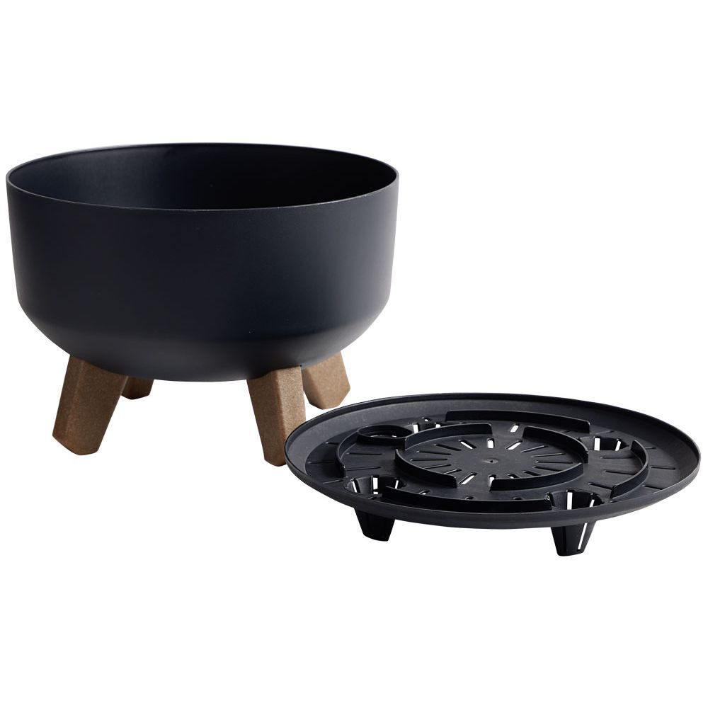 Cache pot gris Ø24xH16cm sur pied en bois
