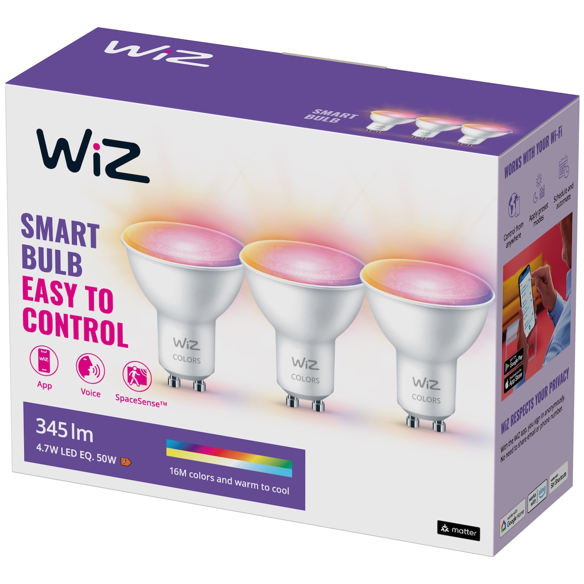 Wiz Connected Wi-Fi BLE LED pærer 4,7W GU10 3-pakning