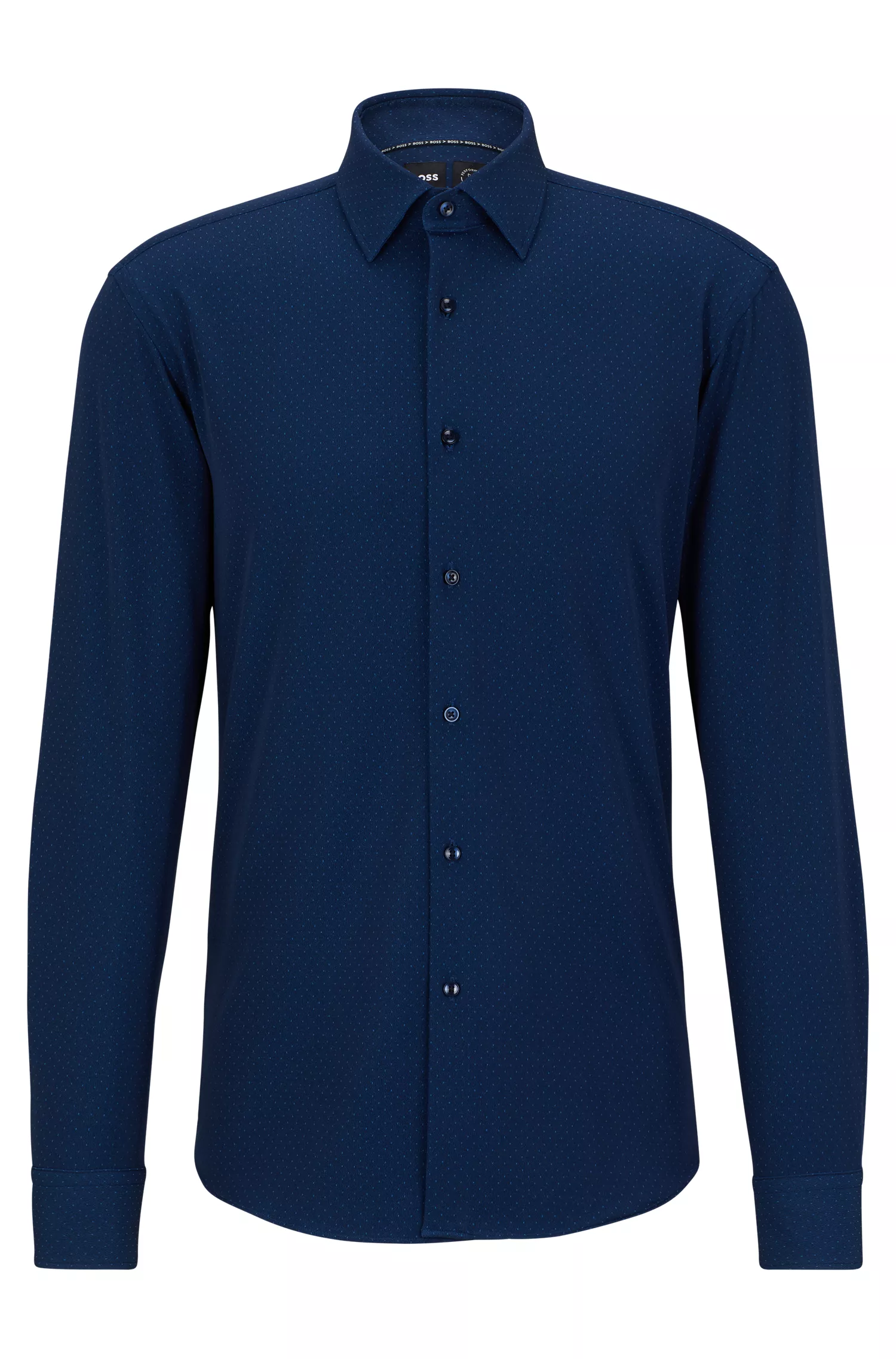 Camisa BOSS preta de corte regular em tecido estruturado de alta performance com elasticidade.