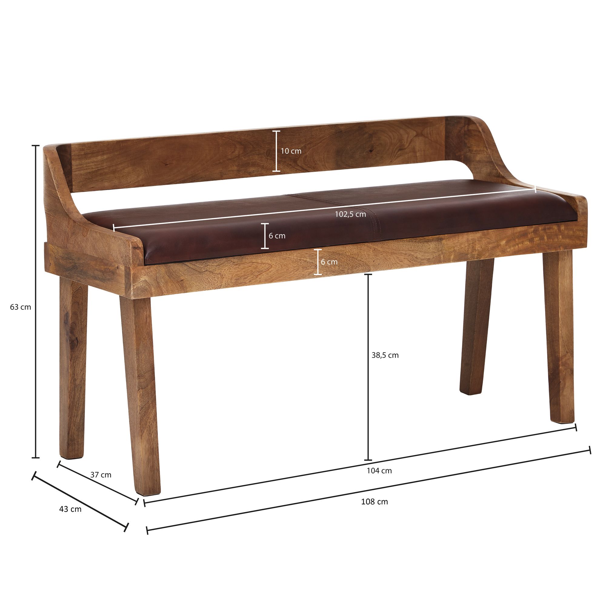 FineBuy Sitzbank Echtleder 108 cm Lederbank Flurbank Rückenlehne Massivholz Bank