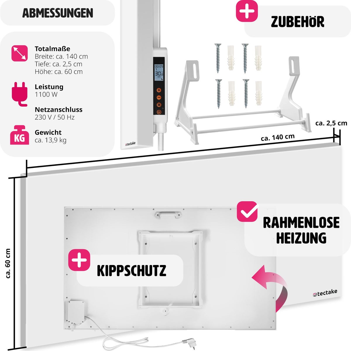 tectake frameloze infraroodstraler met thermostaat, eenvoudige wand- of plafondmontage, inclusief standaard
