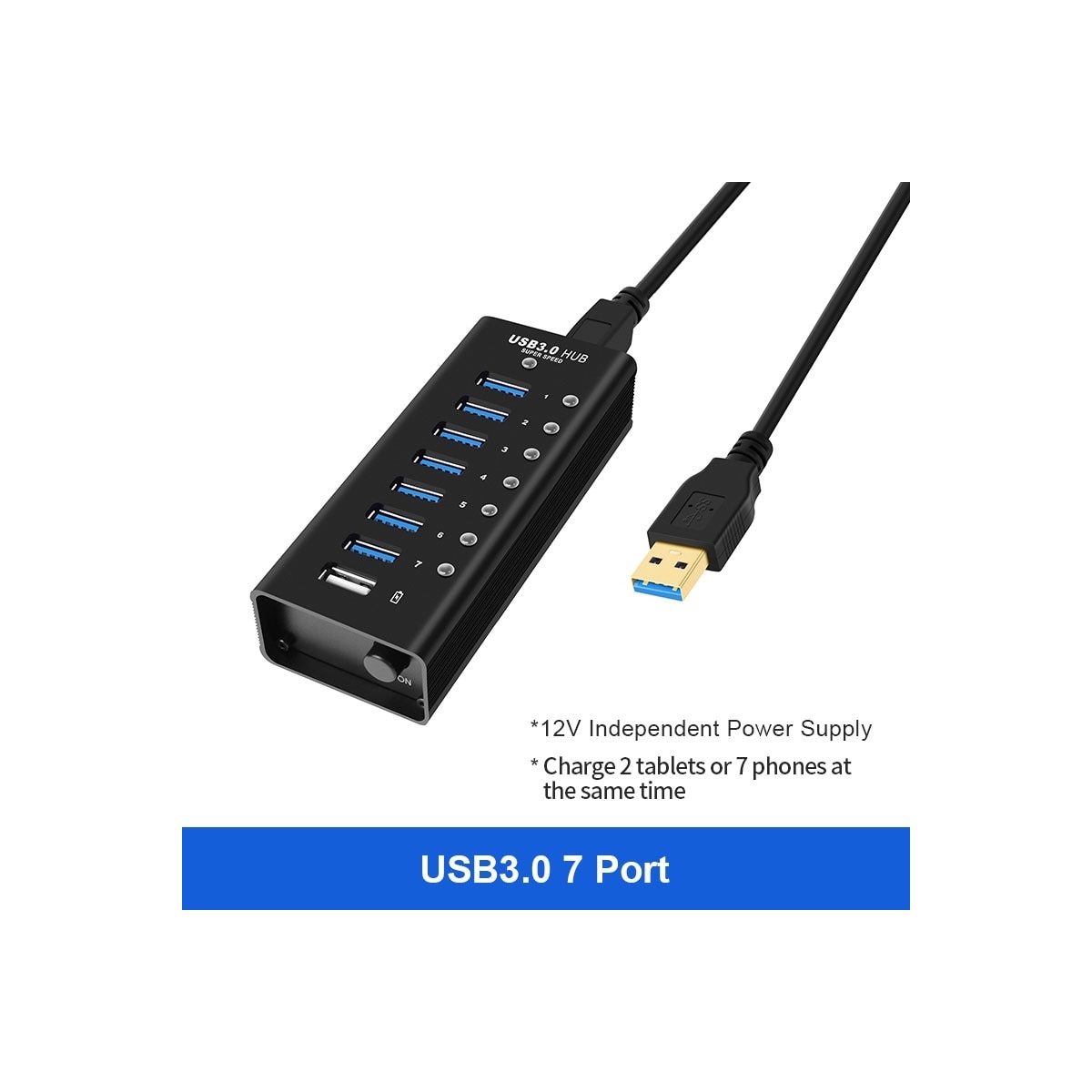 NÖRDIC 8-ports drevet hub USB-A 3.0 5Gbps med bryter 1,2m kabel aluminium svart med strømforsyning