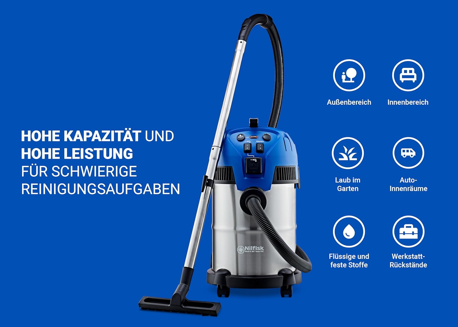 Nilfisk Multi II 30L T Nass Trockensauger mit Steckdose - Staubsauger für Werkstatt, Haus, Garten und Auto (1400 W)