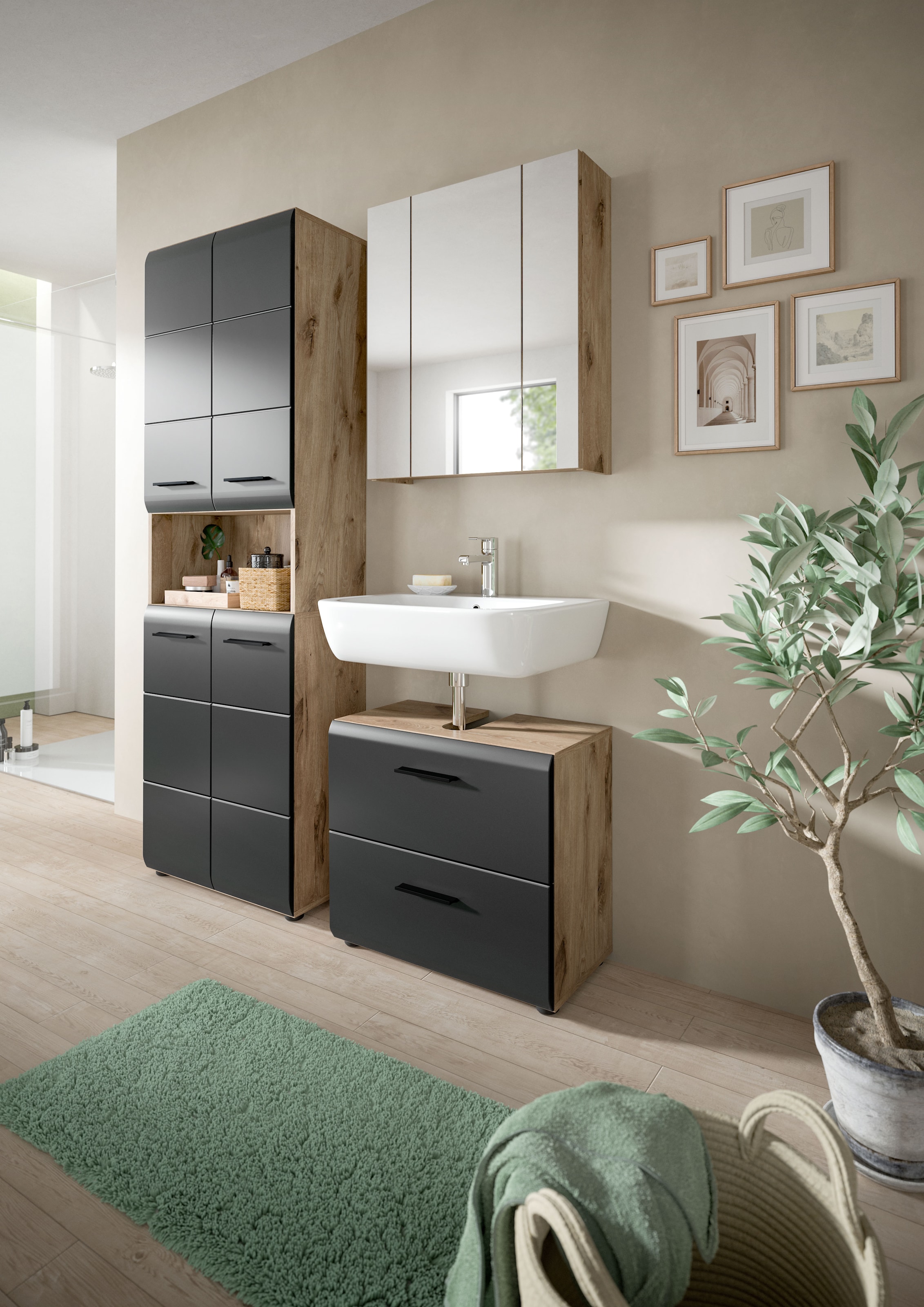INOSIGN Badmöbel-Set »FLORENZ, TOPSELLER!, 3-teilige Badkombination, hochwertige MDF-Front« Set, best. aus: 1 Hochschrank, 1 Waschbeckenunterschrank, 1 Spiegelschrank, 3 Stk. tlg.