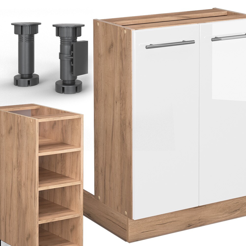 Vicco Kücheninsel Küchenblock Einbauküche Fame-Line Eiche Weiß 90 cm modern Hochglanz Küchen Schränke Regalunterschrank Küchenunterschrank Regalinselunterschrank Softclose-Scharnier Küchenmöbel