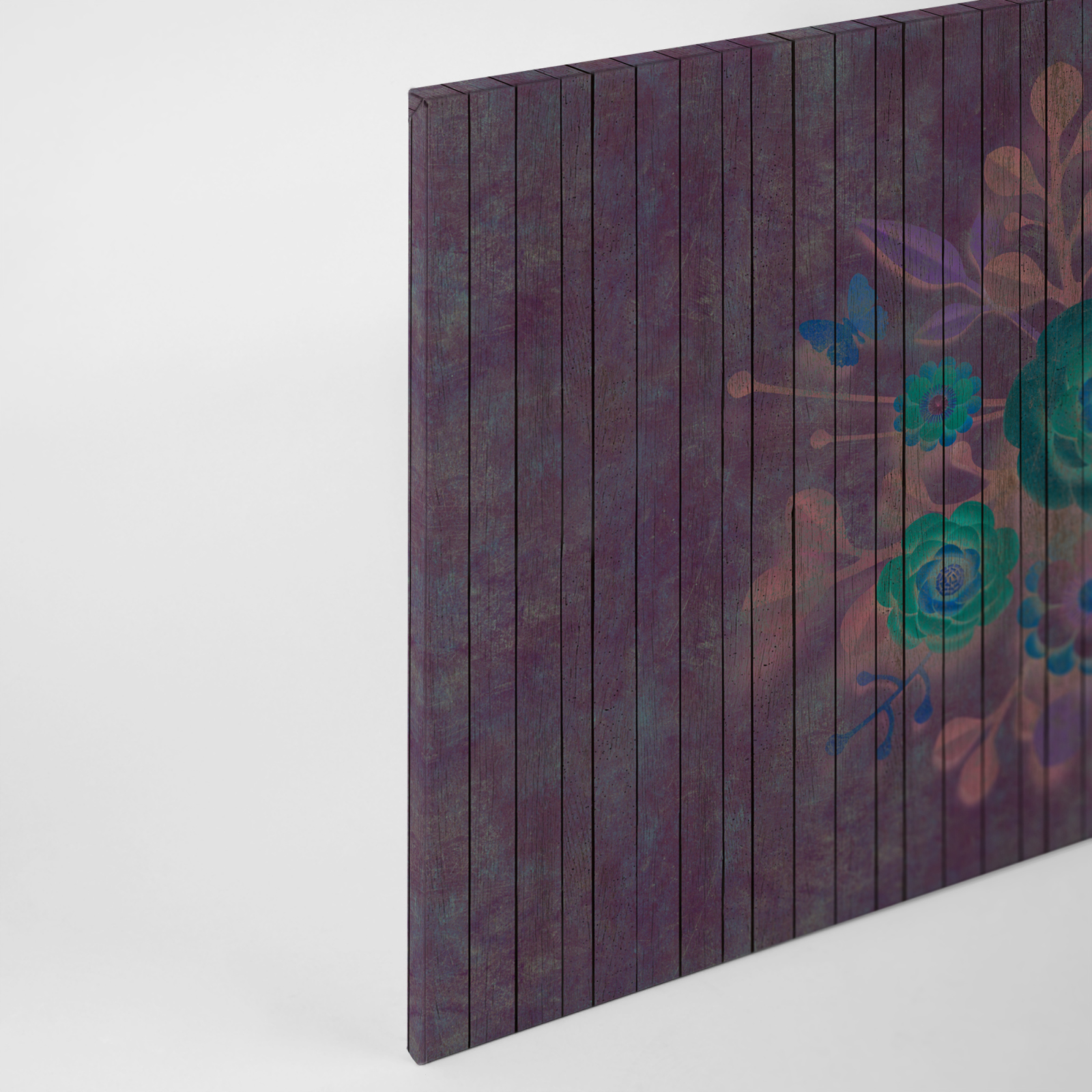 Leinwandbild BLUMEN AUF HOLZ- lila-blau - 90x60 cm