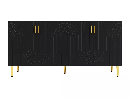 Buffet noir (152 x 40 x 75 cm), design unique en forme de vague, poignées et pieds dorés