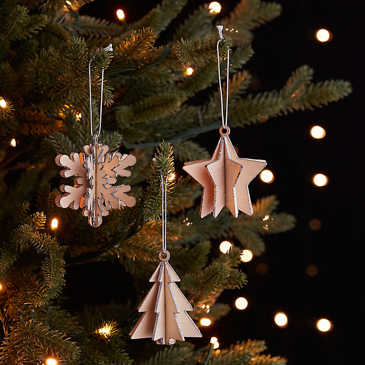 Lot de 3 décorations 3D étoile flocon de neige et sapin en bois