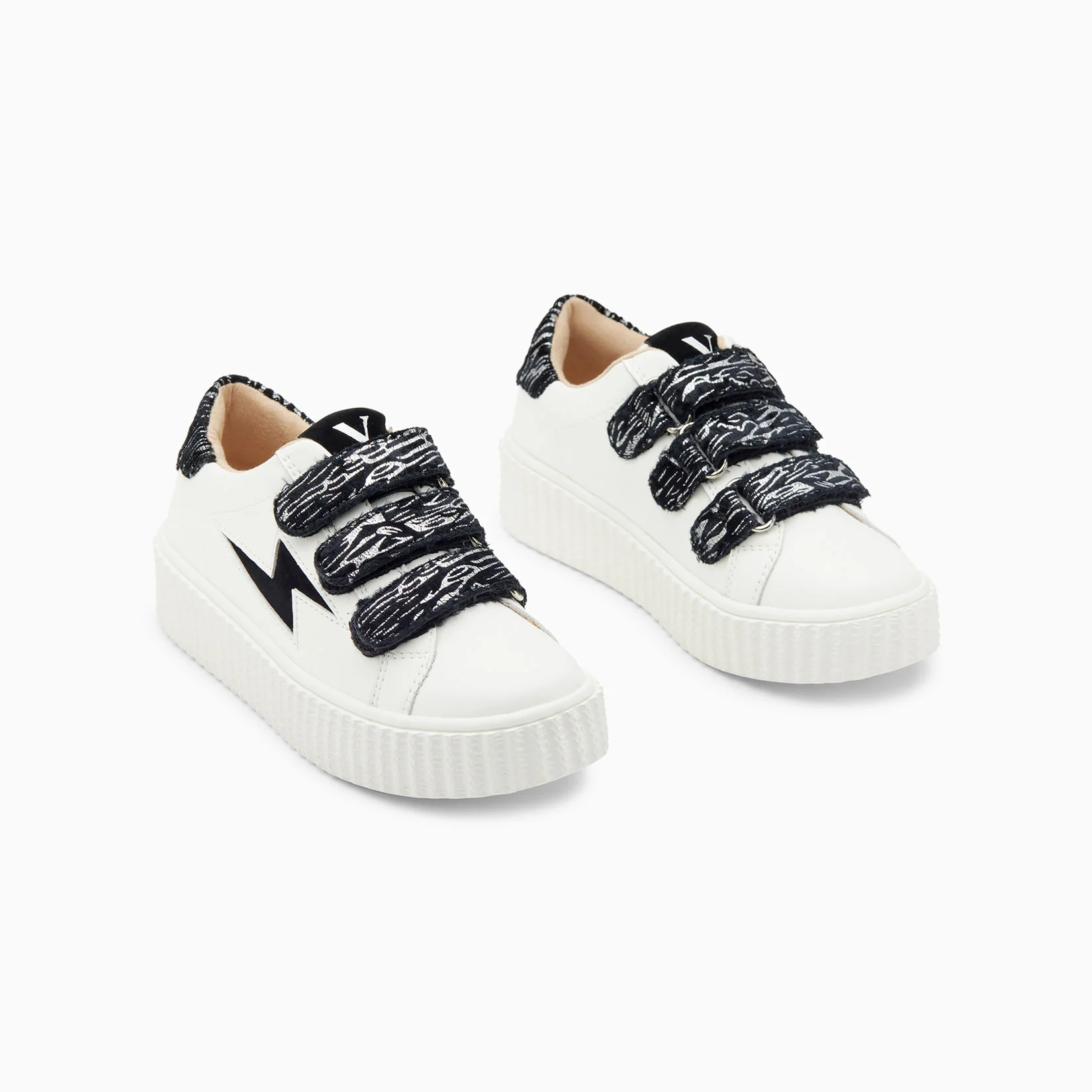 Sneakers-Baskets éclair Mini Ingrid blanc et noir imprimé zèbre à scratchs