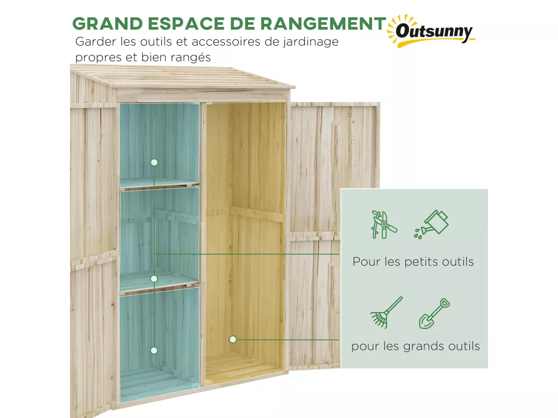 Armoire de jardin 2 portes bois - 2 étagères, grand compartiment - 120 x 57 x 183 cm - sapin pré-huilé