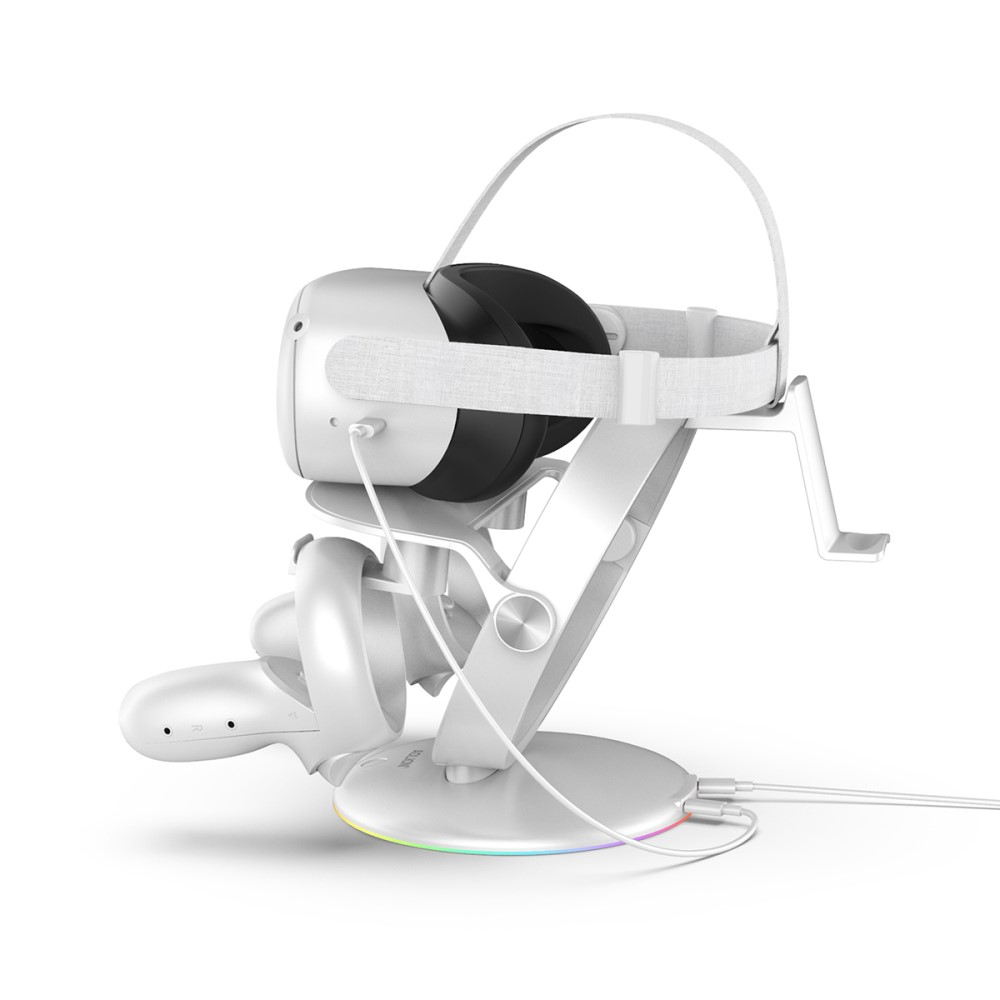 3in1 Meta Quest / Oculus Quest 2 Halterung für VR Brille / Controller   Kopfhörer mit RGB LED - Weiss