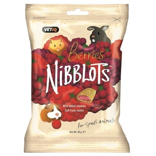 Petiscos Nibblots para pequenos animais, frutas vermelhas, sabor natural.