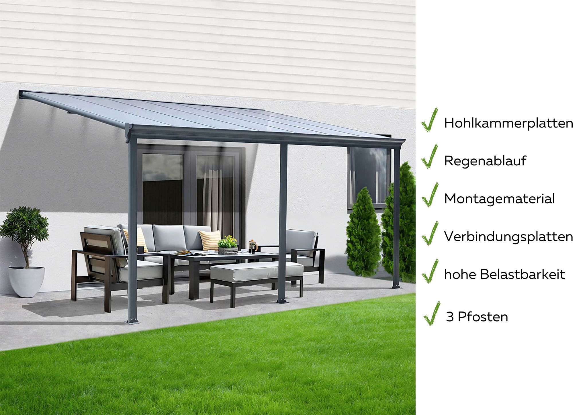 Terrassenüberdachung Aluminium 495 cm als Bausatz Sichtschienen und Hohlkammerplatten Grau