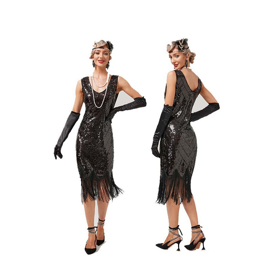 (Gr. L) Fasnachts Erwachsenen Kostüm Pailletten Flapper Kleid mit Fransen 20er Jahre Verkleidung für Motto Partys / Halloween - Schwarz