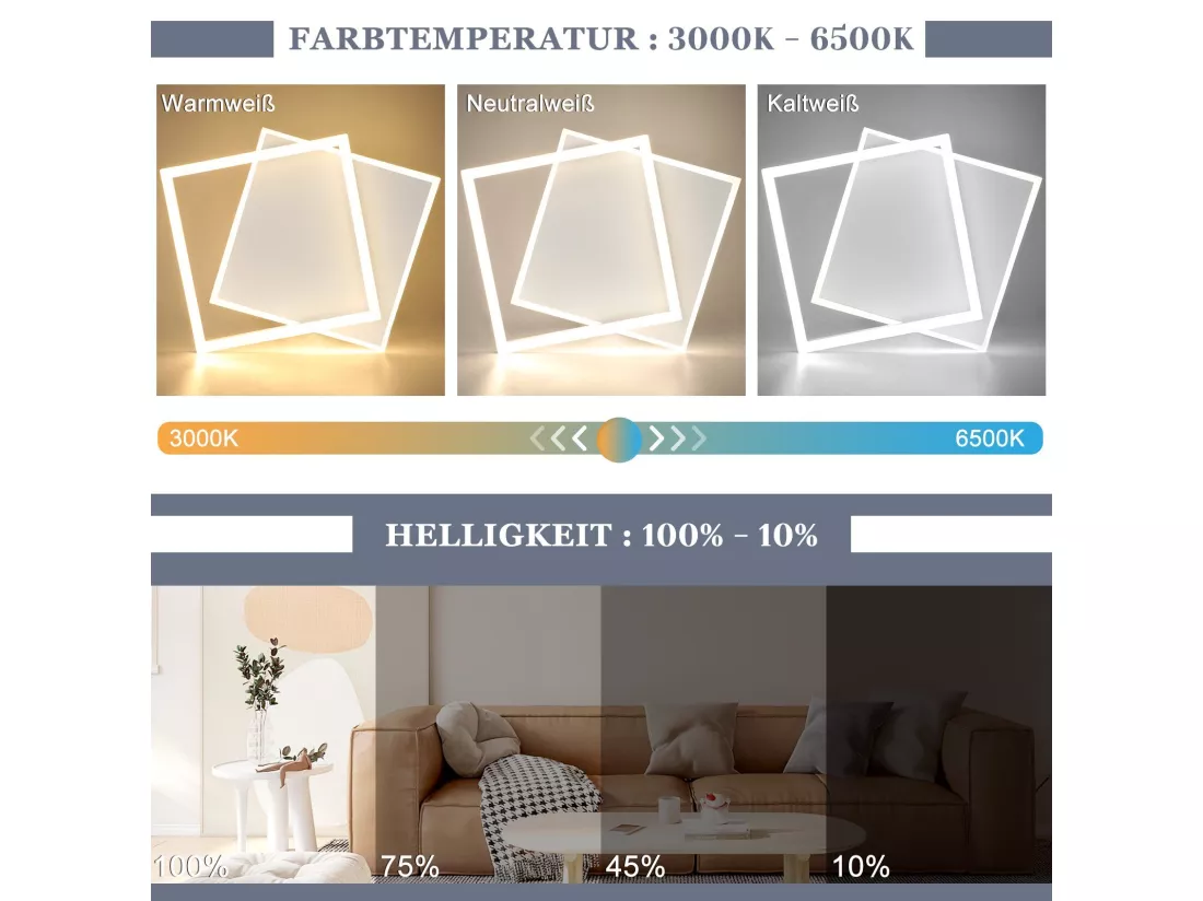 NETTLIFE Plafonnier LED Salon Chambre Lampe Dimmable avec Télécommande 42W Design Moderne Carré Blanc en Acrylique pour Cuisine