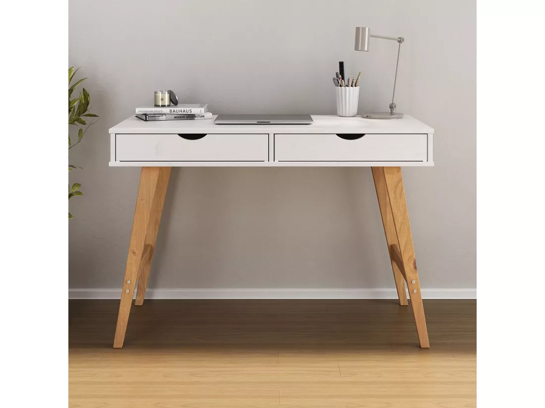 Bureau MILO en pin massif lasuré blanc avec 2 tiroirs de rangement