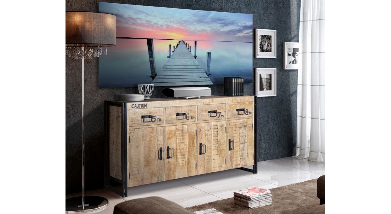 Bahut 4 tiroirs bois, métal marron 165x38x90cm - bois-métal