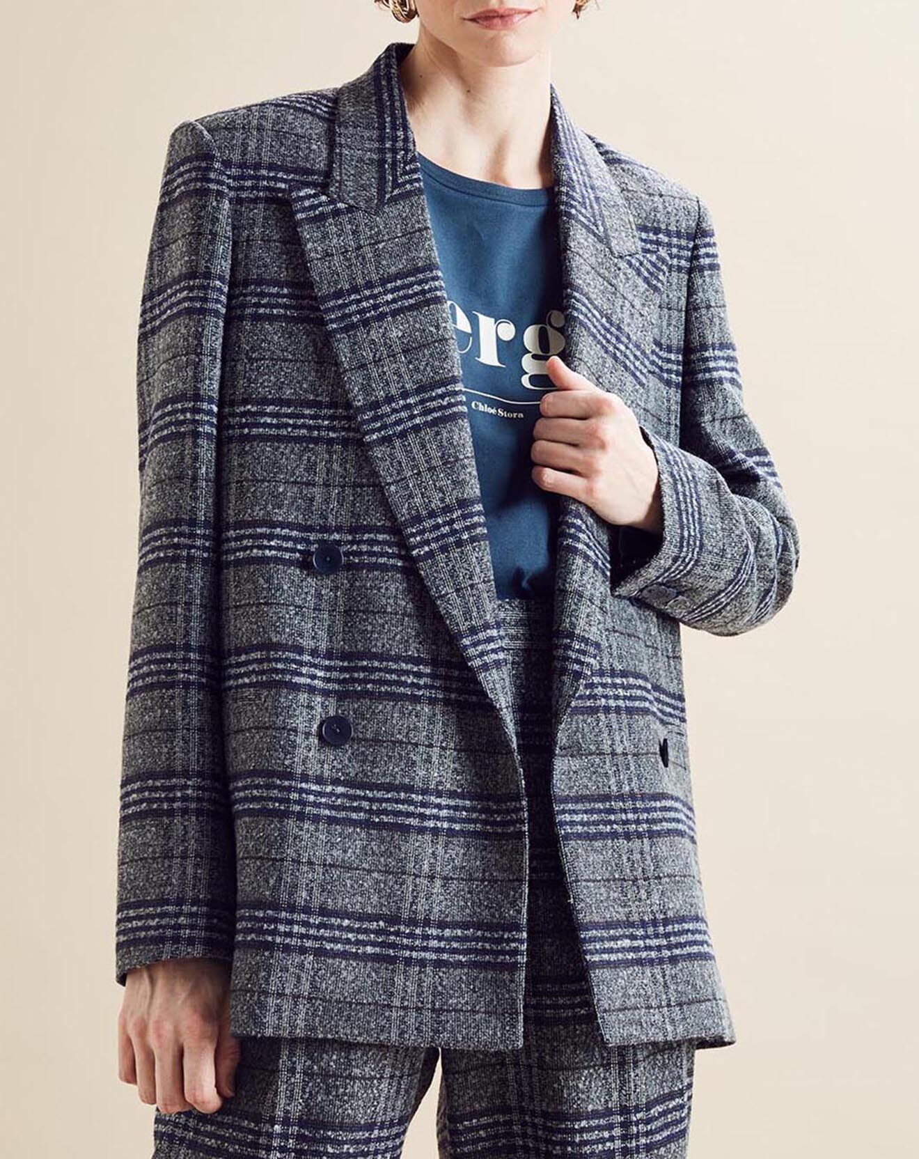 Chloé Stora Veste en Laine mélangée Ulla à carreaux grise