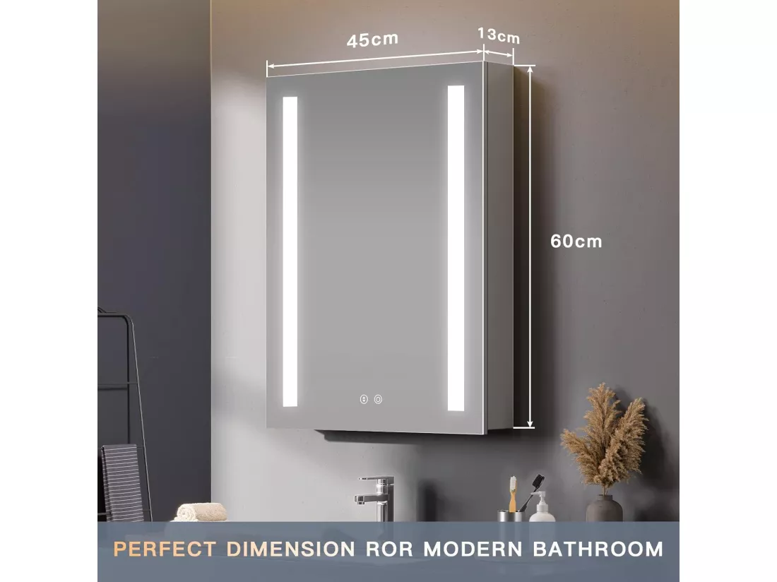 Armoire miroir de salle de bain, 3 couleurs réglable, avec LED et USB douille, 45x60x13cm