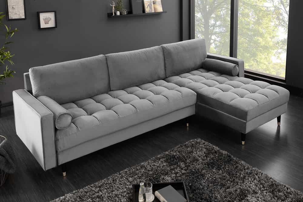 Elegantes Ecksofa COZY VELVET 260cm grau Samt Federkern 3-Sitzer