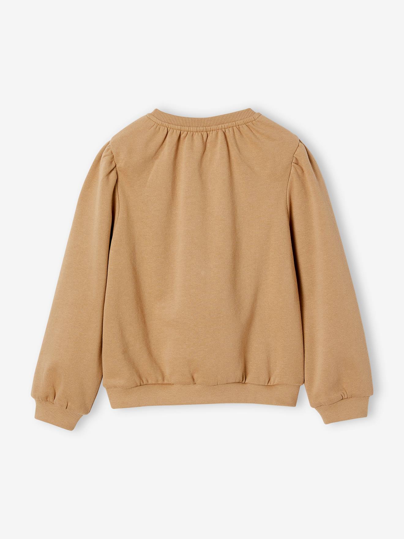 Blusa de moletom romântica com estampa floral e detalhes em ponto flatlock para meninas, marrom acinzentado.