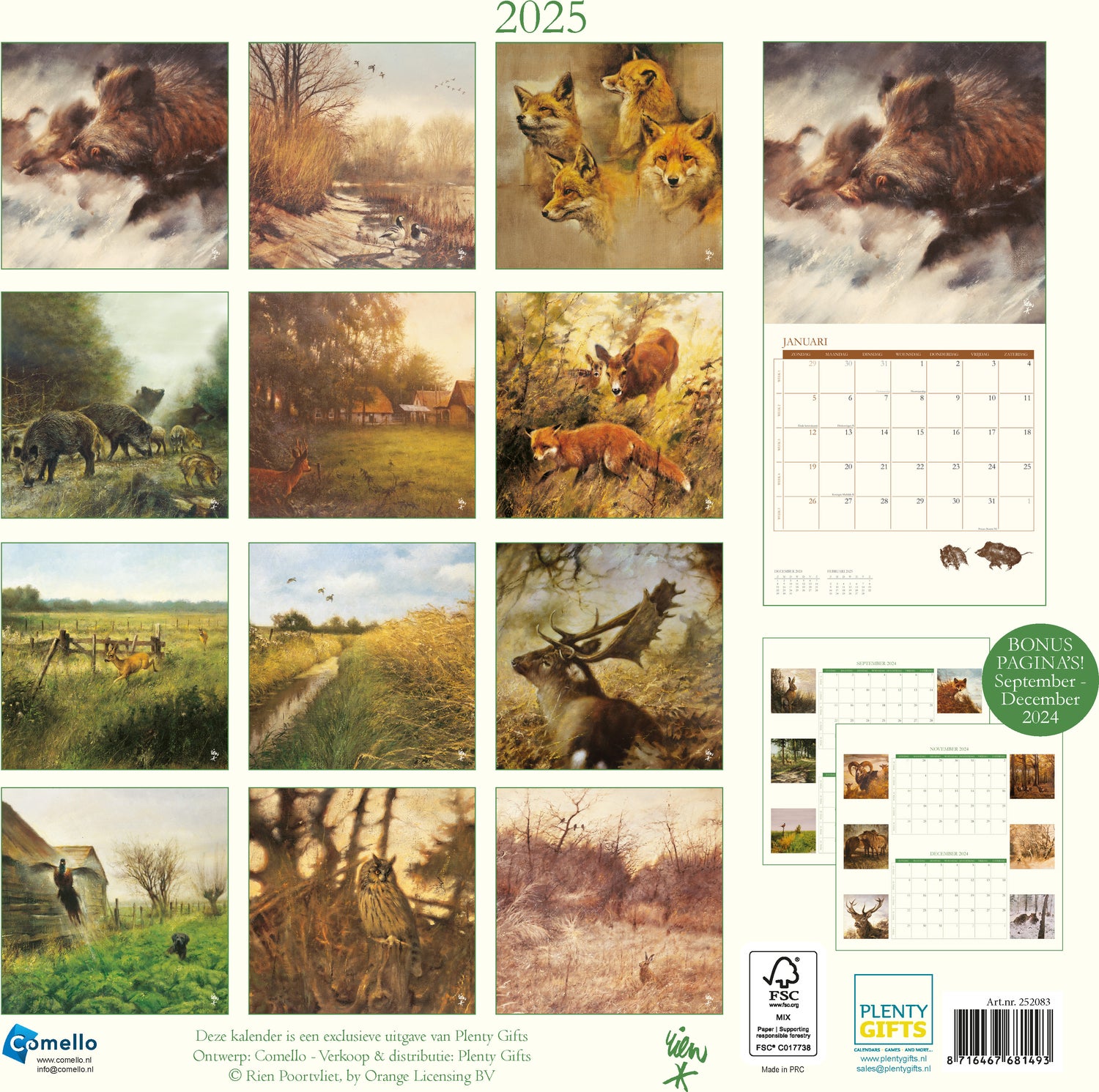 Plenty Gifts kalender Rien Poortvliet natuur 30 x 30 x 0,5 cm