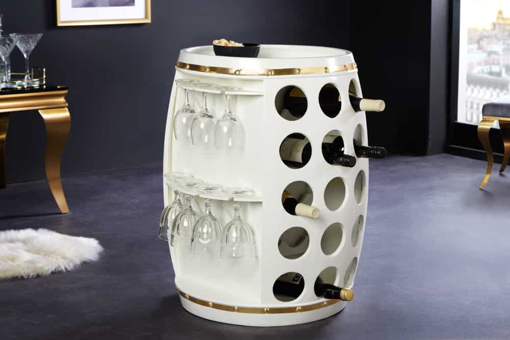 Design Weinfass BODEGA WHITE 70cm weiß gold Pinie Flaschen Gläseraufhängung