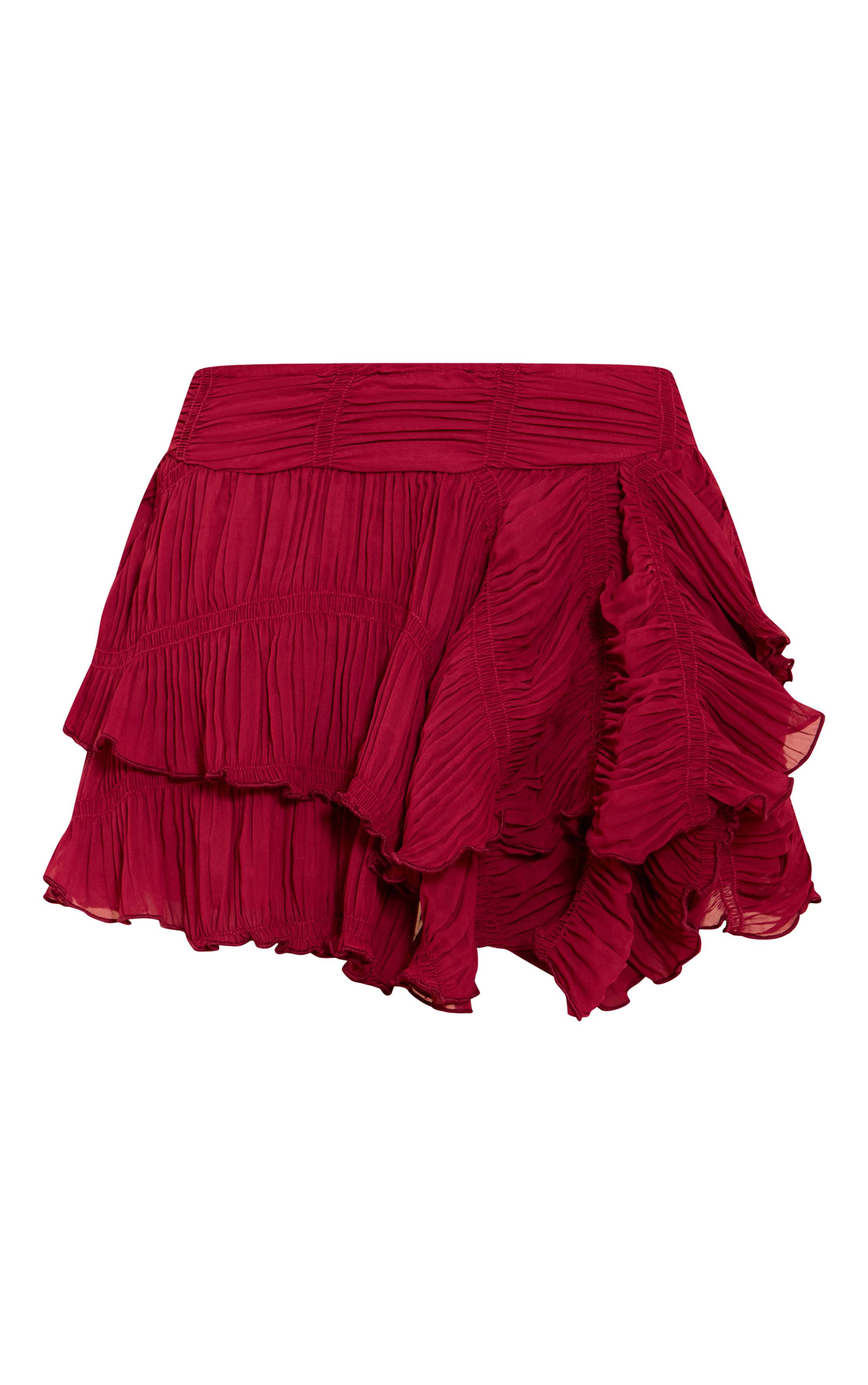 Rouge Profond Mini-jupe Taille Basse Froncée À Texture